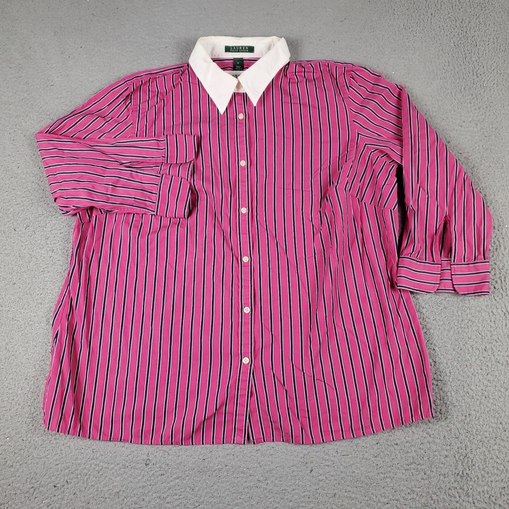 Lauren Ralph Lauren Pink Striped Button Up Shirt Womens 1X Long Sleeve Cotton